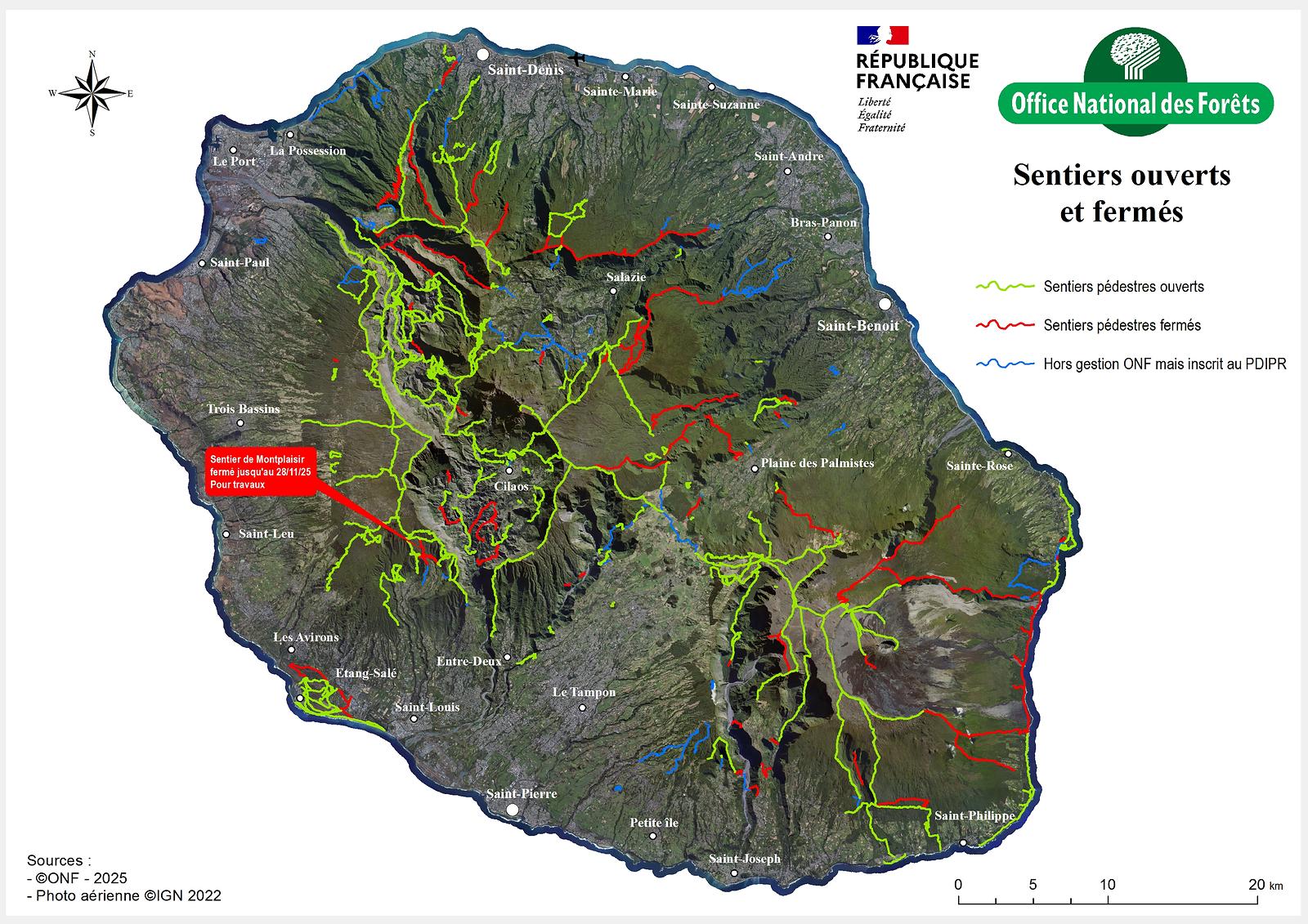 sentiers randonnée ouverts fermés la réunion