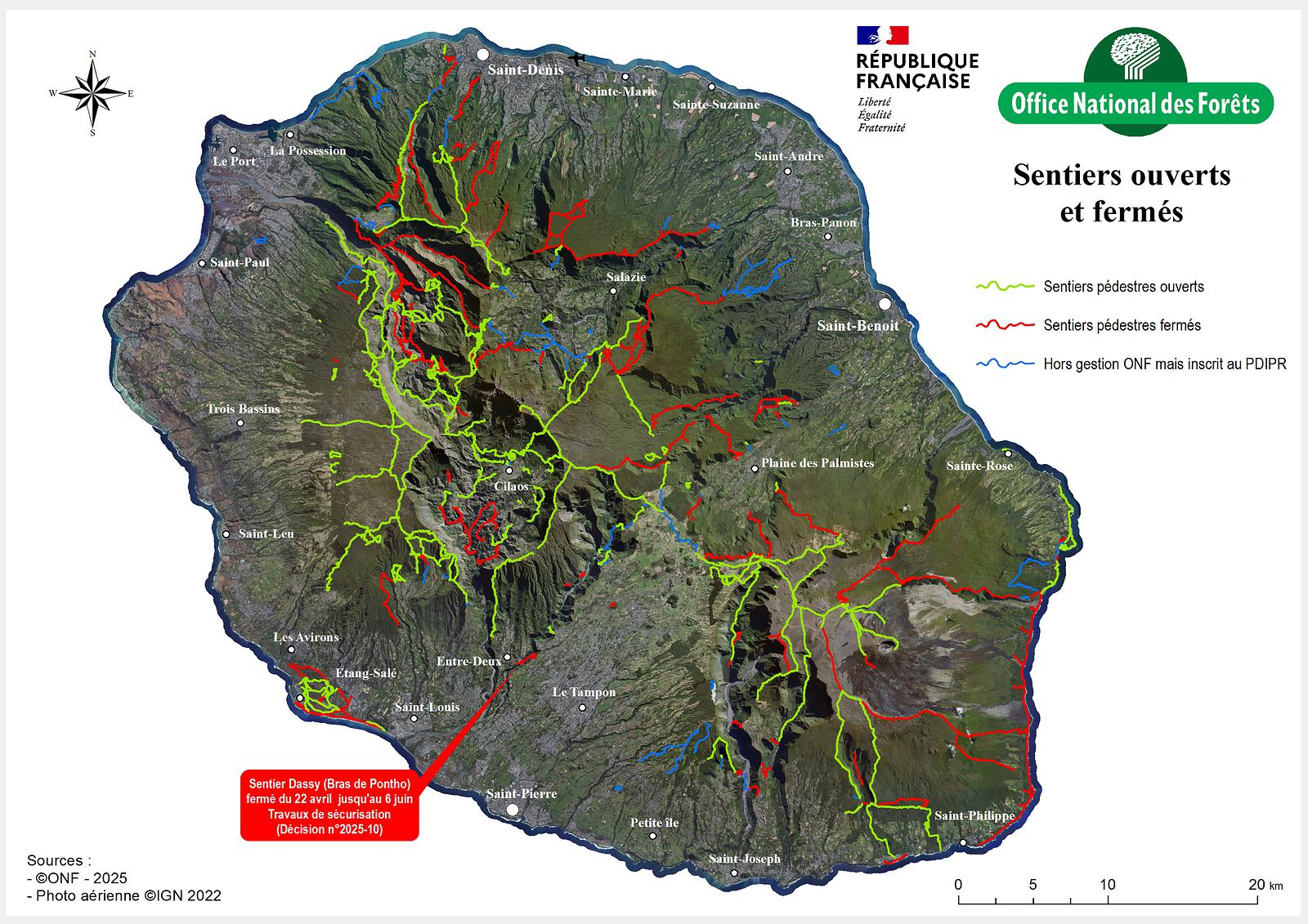 sentiers randonnée ouverts fermés la réunion
