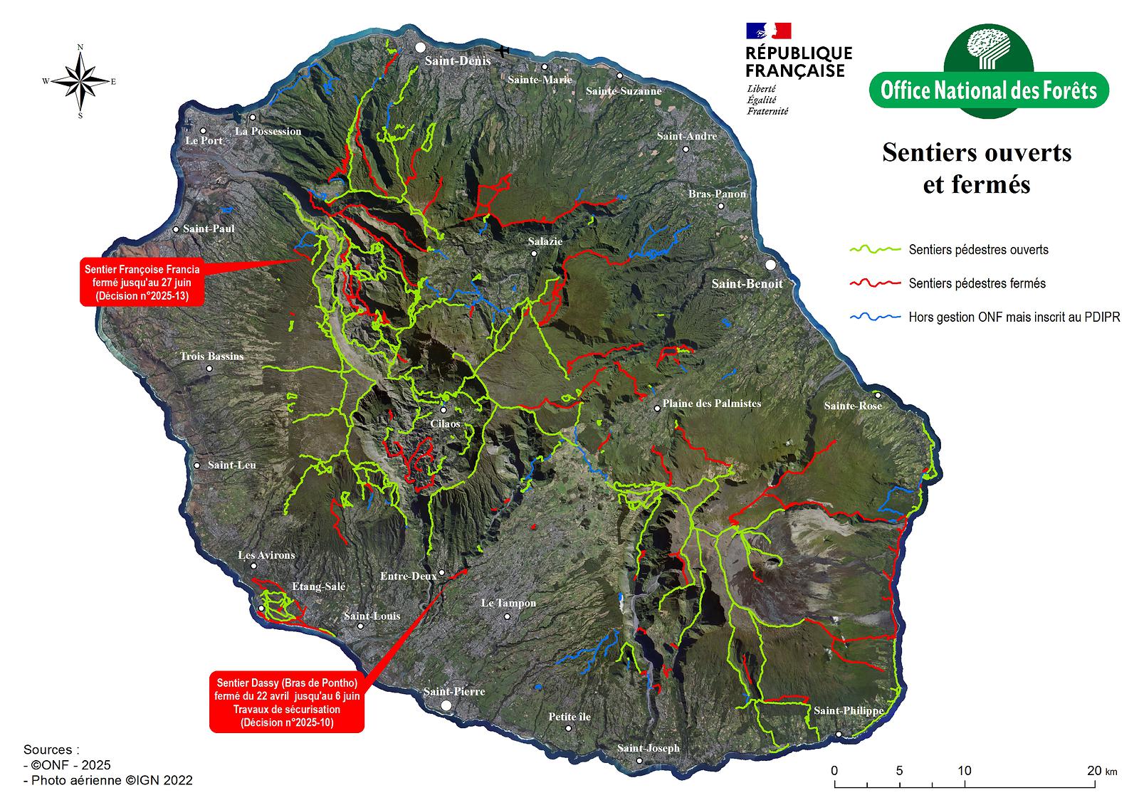 sentiers randonnée ouverts fermés la réunion