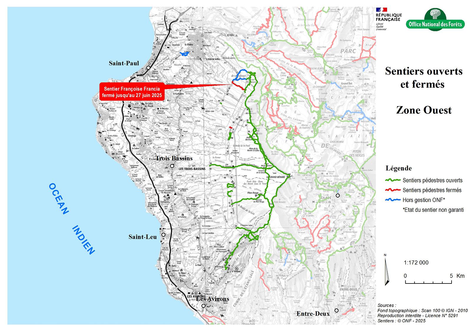 sentiers randonnée ouverts fermés la réunion